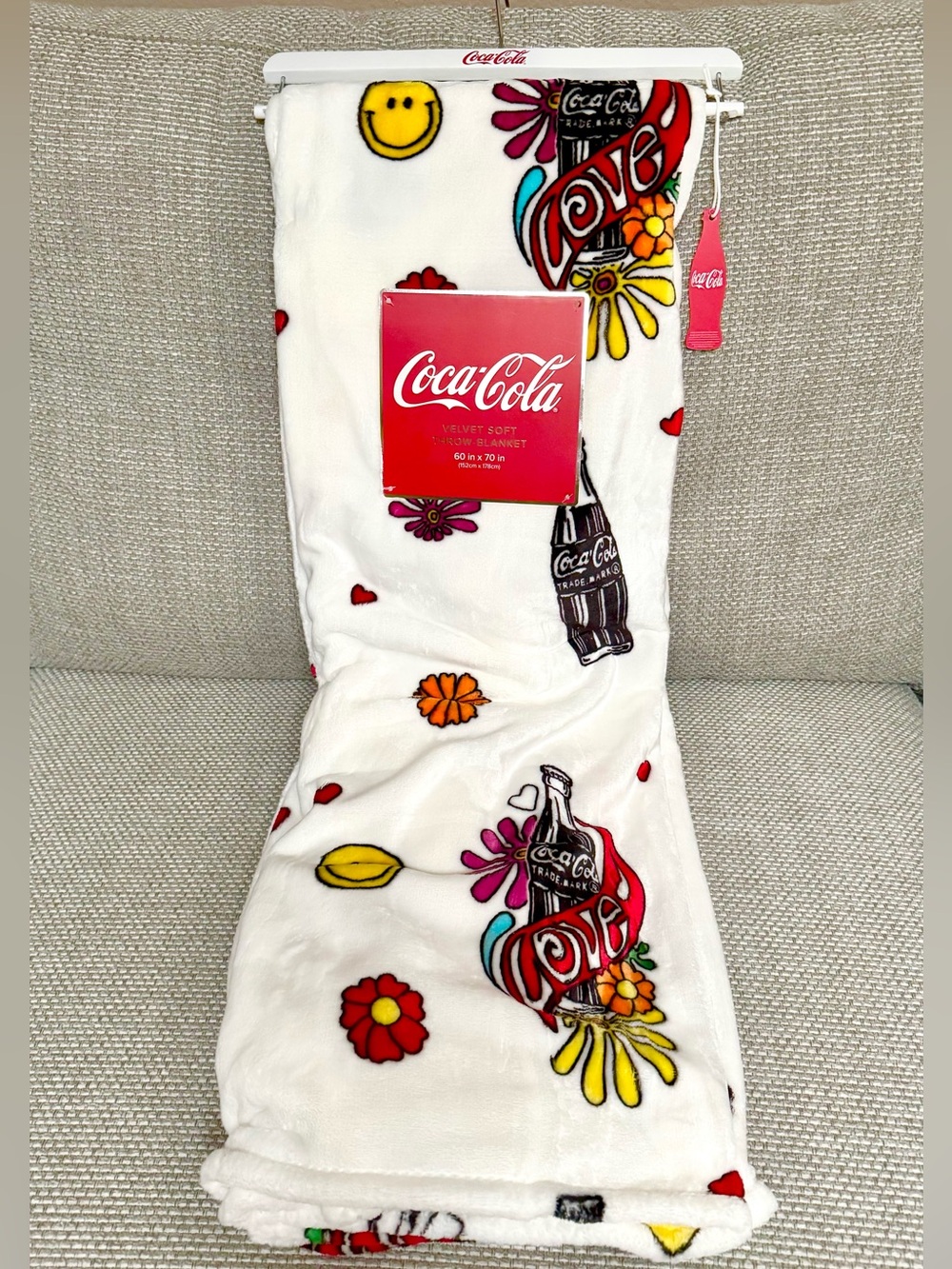 Coca Cola White Plush Throw Blanket with Retro Floral Happy Face & Bottle Print